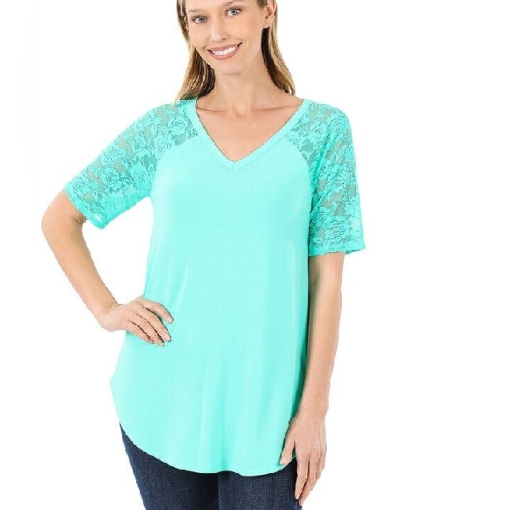 Zenana Women's V-Neck Lace 3/4 Sleeve Round Hem Blouse Top Tunic S-3X Mint